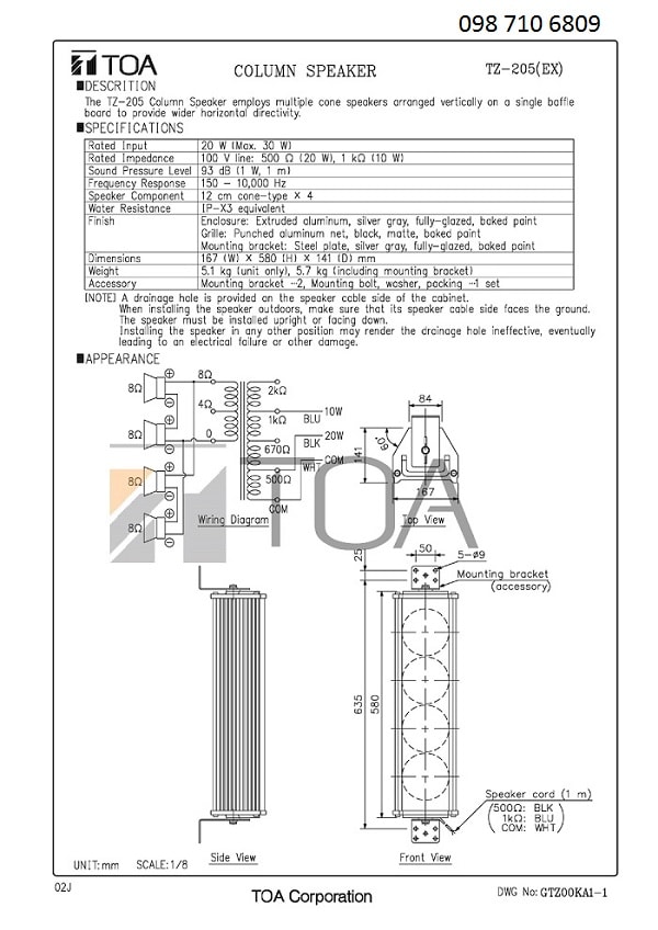 Bản thiết kế của Loa cột TOA TZ 205-1