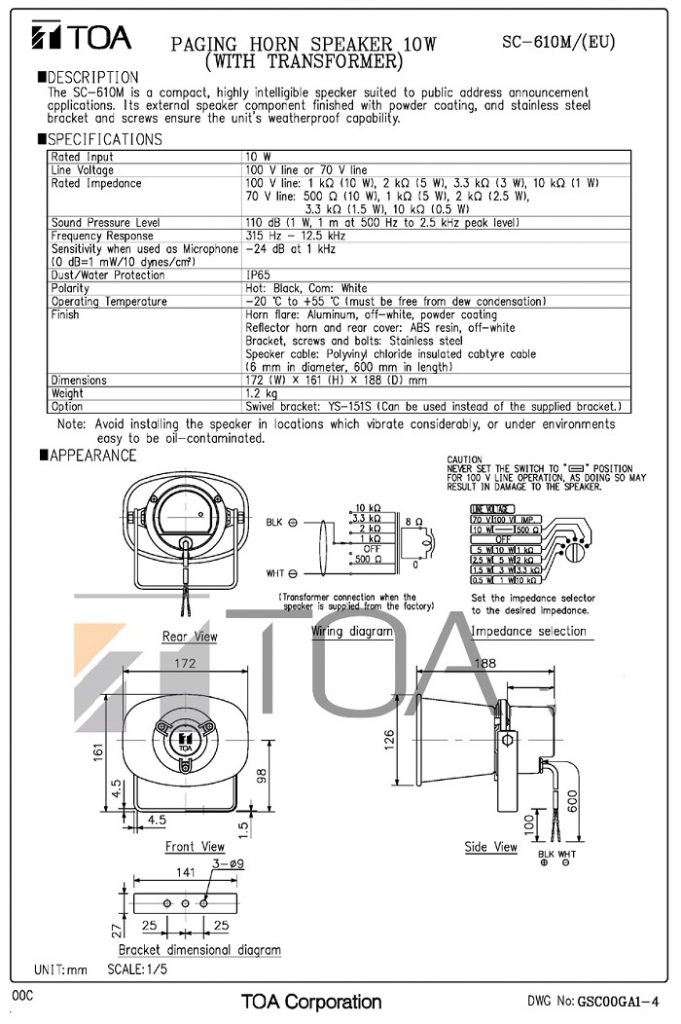 Catalog TOA SC-610M do nhà sản xuất cung cấp